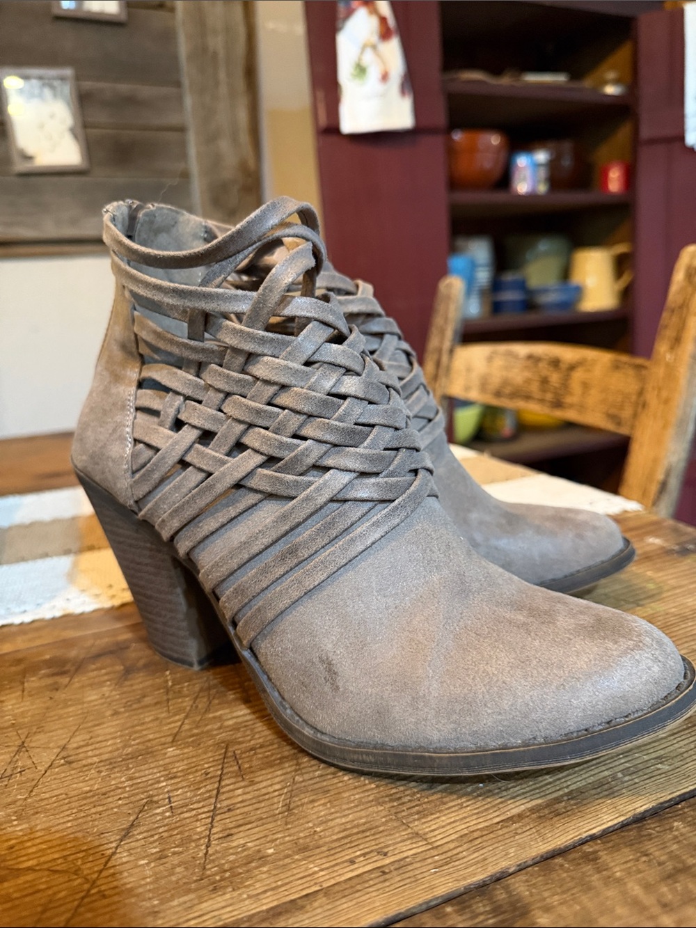 Fergalicious Taupe Suede Woven Ankle Booties